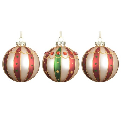 Staklene kuglice 8cm, 3kom, bijela/crvena/zelena