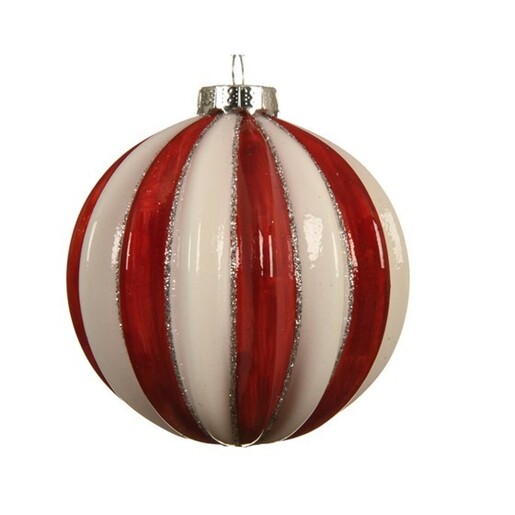 Staklene kuglice 8cm, 3kom, crveno-bijele pruge