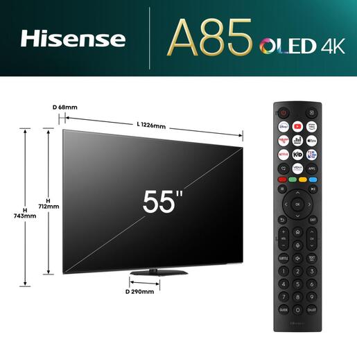 Hisense 55" OLED TV 55A85N, 4K UHD, VIDAA Smart TV, 120Hz Ultra Motion, Infinite Blacks