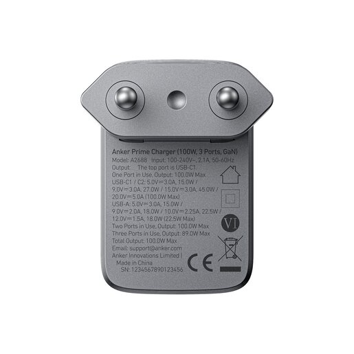 Anker GaN Prime punjač, 100W, 2xUSB-C/USB-A, sivi