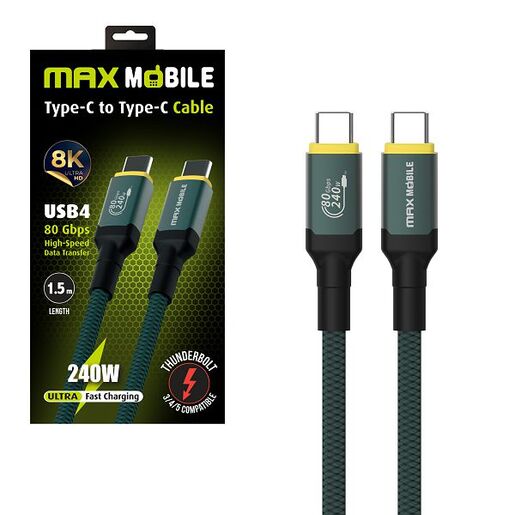MaxMobile data kabel Type C, 240W, 5A, 1.50 m, Thunderbolt 5, zeleni