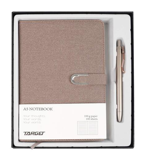 Poklon set, bilježnica A5 s kopčom i olovkom, bež