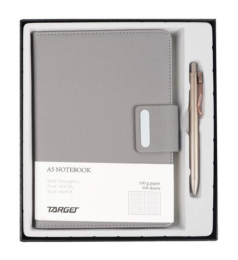 Poklon set, bilježnica A5 s kopčom i olovkom, siva