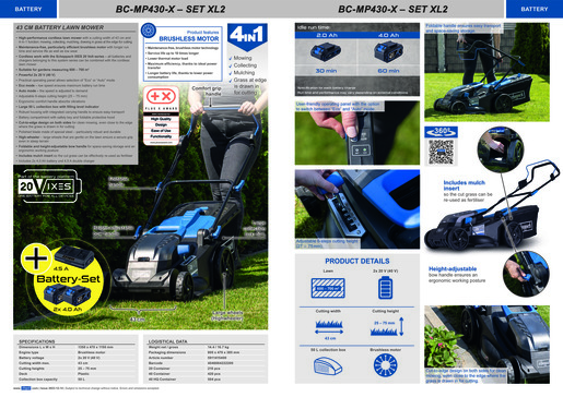 SCHEPPACH akumulatorska kosilica BC-MP430-X, 2x4,0Ah baterija + 4,5Ah punjač, 43 cm