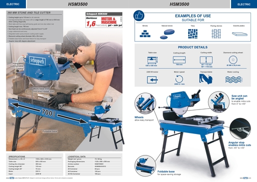 SCHEPPACH stolni rezač pločica i kamena HSM3500, 2200W, 2800 okretaja/min., duljina rezanja 700mm, visina rezanja 110mm
