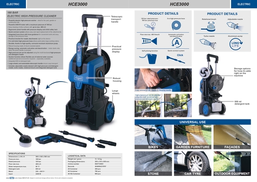 SCHEPPACH visokotlačni perač HCE3000, 2400W, 180 bara, 480L/h, 8m crijevo