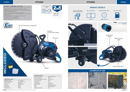 SCHEPPACH benzinska rezna pila PTS400, 3,95 KS / 2,9 kW / 65 cm³, 350mm rezna ploča, 120mm dubina rezanja