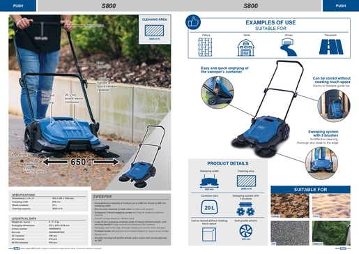 SCHEPPACH stroj za metenje S800, širina metenja 650mm, pokrivenost površine 2600 m²/h, koš 20L
