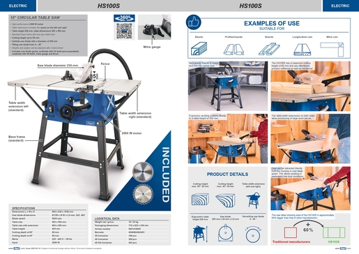 SCHEPPACH stolna pila HS100S, 2000W, Ø 250 mm, visina 85 mm