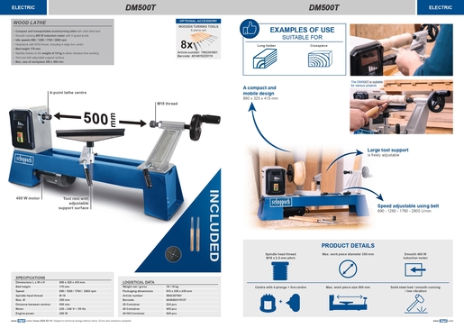 SCHEPPACH tokarski stroj za drvo DM500T,400W, 230V, 50Hz