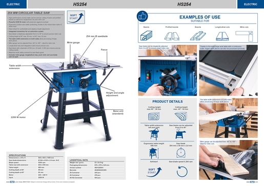 SCHEPPACH stolna kružna pila HS254, 2200W, visina rezanja 85 mm, Ø 254 mm