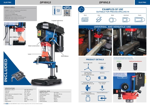 SCHEPPACH stolna bušilica DP16VLS, 500W, 5 brzina, 3-16mm raspon stezne glave