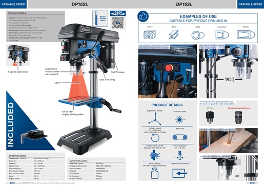 SCHEPPACH stolna bušilica DP16SL, 550W, 13mm stezna glava
