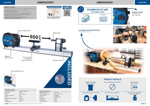 SCHEPPACH tokarski stroj za drvo DM600 Vario, 550W, 800-3000 okretaja/min., Ø 80 mm