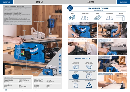 SCHEPPACH stolna kružna pila HS210, 1500W, 230V, Ø 210 mm, visina rezanja 70 mm