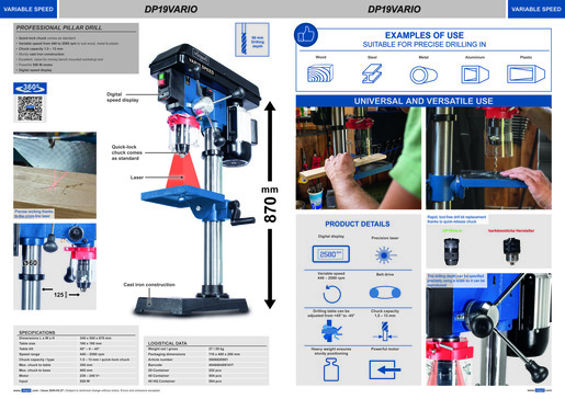 SCHEPPACH stolna bušilica DP19Vario, 550W, 1,5mm - 13mm stezna glava