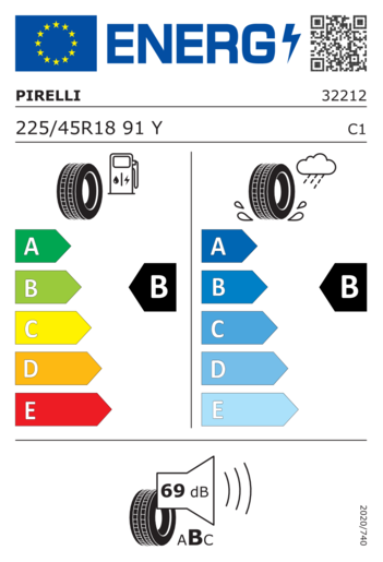 Pirelli 225/45R18 Cinturato p7c2 91Y,Pot: B,Pri: B,Buka: 69dB