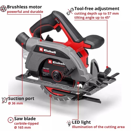 EINHELL akumulatorska ručna kružna pila TP-CS 18/165 Li BL-Solo, 18V, Ø 165mm, LED svjetlo