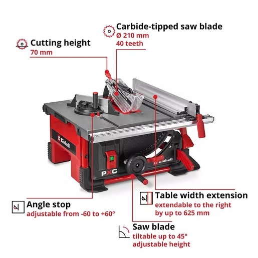EINHELL akumulatorska stolna kružna pila TE-TS 36/8 T Li-Solo, 2x18V, 3800 okretaja/min., Ø 210mm