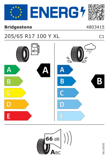 Bridgestone 205/65R17 Turanza 6 enliten XL 100Y,Pot: A,Pri: B,Buka: 66dB