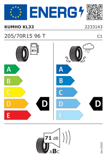 Kumho 205/70R15 Kl33 96T,Pot: D,Pri: D,Buka: 71dB