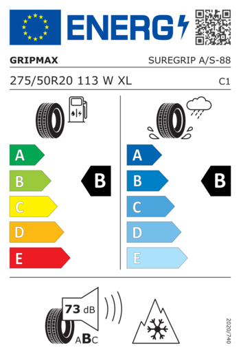 Gripmax 275/50R20 Suregrip AS XL 113W,Pot: B,Pri: B,Buka: 73dB
