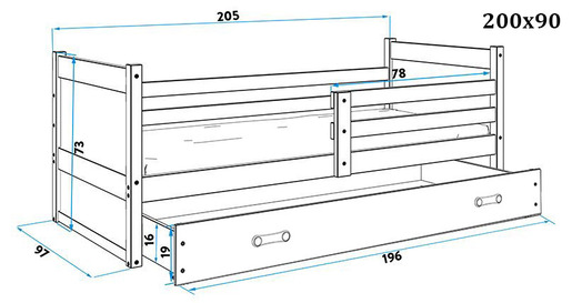 Drveni dječji krevet Rico - bijeli - sivi - 200x90 cm