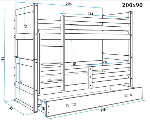 Drveni dječji krevet na kat Rico s ladicom - bijeli - roza - 200x90 cm
