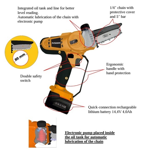VOLPI baterijska pila za grane PREDATOR PVS5500, 650W, 2x14.4V baterije, 4.0Ah punjač, automatsko podmazivanje