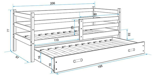 Drveni dječji krevet Erik s dodatnim krevetom -  svijetlo drvo - 200x90 cm - Gratis  8cm madrac