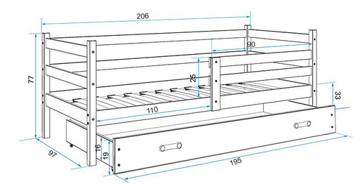 Drveni dječji krevet Erik s ladicom - svijetlo drvo - 200x90 cm - Gratis  8cm madrac