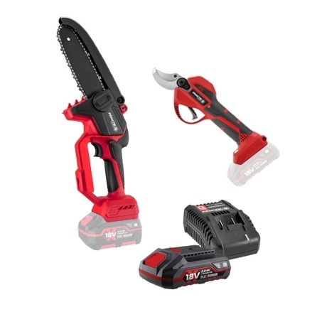PRAKTIK akumulatorski set alata za obrezivanje PTQ147 škare 18V + PTQ140 mini lančana pila 18V + PTQ133 punjač i baterija 2.0Ah