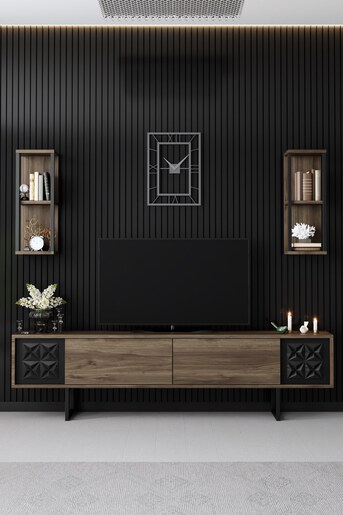 Set namještaja za dnevnu sobu, Black Line Set - Walnut, Black