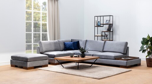 Kutna garnitura TULIP, lijeva, tamno sivo, Tulip Corner Left With Pouf - Dark Grey