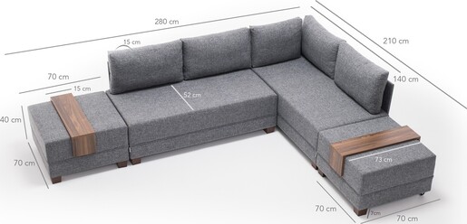 Kutna garnitura na razvlačenje BELLA SOFT, desna, siva, Fly Corner Sofa Bed Right- Grey