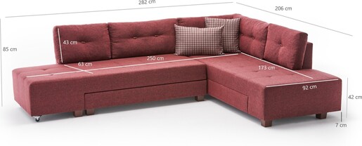 Kutna garnitura na razvlačenje, Bordo crvena, Manama Corner Sofa Bed Right - Claret Red