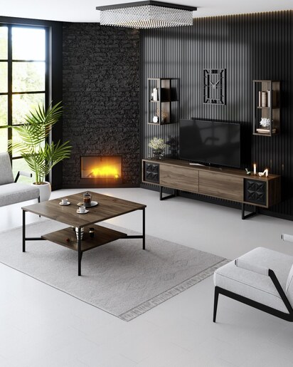 Komoda za TV, Black Line - Walnut, Black