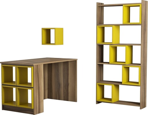 Studijski stol i policu za knjige, Box - Walnut, Yellow