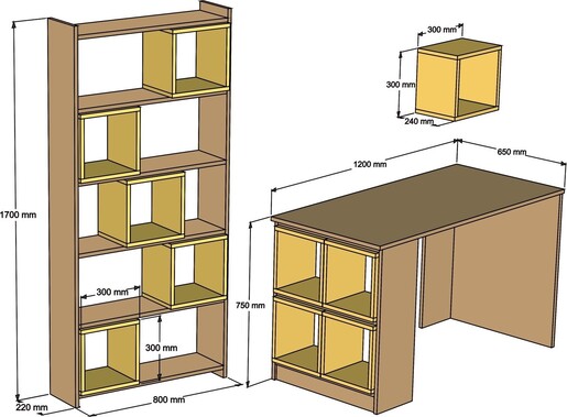 Studijski stol i policu za knjige, Box - Walnut, Yellow