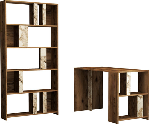 Studijski stol i policu za knjige, Lima - Walnut, White Marble
