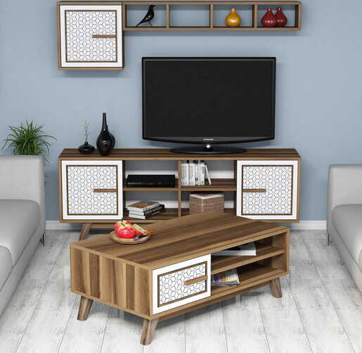 Set namještaja za dnevnu sobu, Ayla - Walnut, White