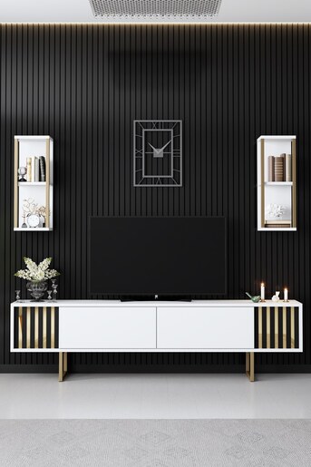 Komoda za TV, Gold Line - White, Black