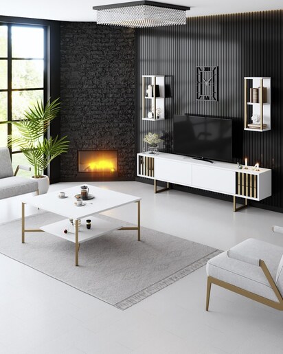 Komoda za TV, Gold Line - White, Black