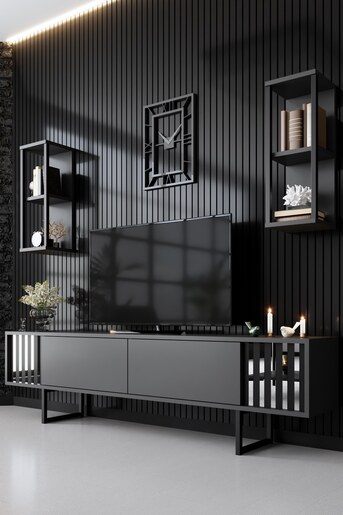 Set namještaja za dnevnu sobu, Chrome Line Set - Anthracite, Black