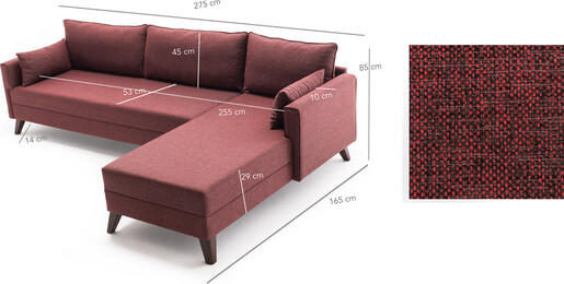 Kutna garnitura, Bordo crvena, Bella Corner Sofa Right 1 - Claret Red