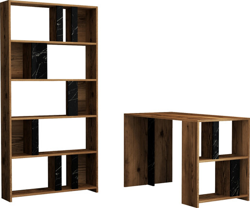 Studijski stol i policu za knjige, Lima - Walnut, Black Marble