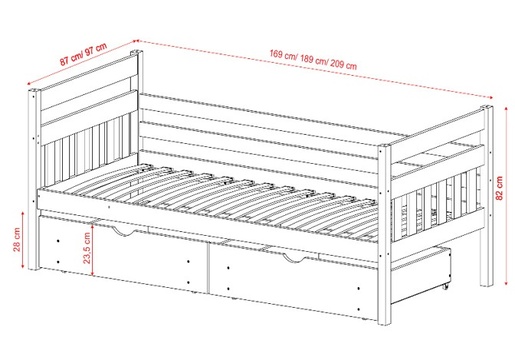 Drveni dječji krevet Dawid - sivi - 180x80 cm - S 2 ladice