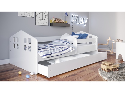 Drveni dječji krevet KACPER s ladicom - bijeli - 140x80 cm - spužvasti PE madrac