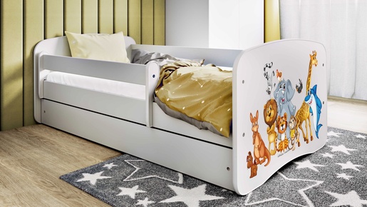 Drveni dječji krevet ŽIVOTINJSKO DRUŠTVO s ladicom - 180x80 cm bijeli