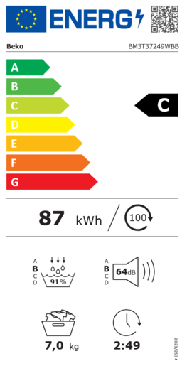 Beko sušilica rublja s toplinskom pumpom BM3T37249WBB, 7 kg, energetski razred C, dubina 54,5 cm